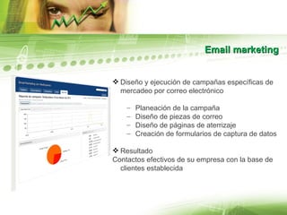 Email marketing Diseño y ejecución de campañas específicas de mercadeo por correo electrónico Planeación de la campaña Diseño de piezas de correo Diseño de páginas de aterrizaje Creación de formularios de captura de datos Resultado Contactos efectivos de su empresa con la base de clientes establecida 
