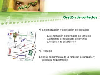 Gestión de contactos Sistematización y depuración de contactos Sistematiación de formatos de contacto Campañas de respuesta automática Encuestas de satisfacción Producto La base de contactos de la empresa actualizada y depurada regularmente 