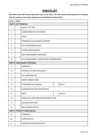 INDIA SMART CITY MISSION
Page 2 of 92
CHECKLIST
All fields in the SCP format document have to be filled. The chart below will assist you in verifying
that all questions have been answered and all fields have been filled.
Q. No TICK
PART A: CITY PROFILE
1. QUALITY OF LIFE
2. ADMINISTRATIVE EFFICIENCY
3. SWOT
4. STRATEGIC FOCUS AND BLUEPRINT
5. CITY VISION AND GOALS
6. CITIZEN ENGAGEMENT
7. SELF-ASSESSMENT: BASELINE
8. SELF-ASSESSMENT: ASPIRATIONS & IMPERATIVES
PART B: AREA BASED PROPOSAL
9. SUMMARY
10. APPROACH & METHODOLOGY
11. KEY COMPONENTS
12. SMART URBAN FORM
13. CONVERGENCE AGENDA Table 1
14. CONVERGENCE IMPLEMENTATION
15. RISKS Table 2
16. ESSENTIAL FEATURES ACHIEVEMENT PLAN
17. SUCCESS FACTORS
18. MEASURABLE IMPACT
PART C: PAN-CITY PROPOSAL(S)
19. SUMMARY
20. COMPONENTS
21. APPROACH & METHODOLOGY
 