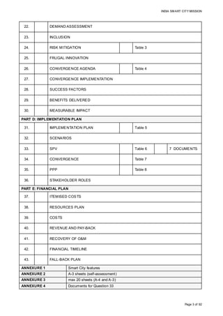 INDIA SMART CITY MISSION
Page 3 of 92
22. DEMAND ASSESSMENT
23. INCLUSION
24. RISK MITIGATION Table 3
25. FRUGAL INNOVATION
26. CONVERGENCE AGENDA Table 4
27. CONVERGENCE IMPLEMENTATION
28. SUCCESS FACTORS
29. BENEFITS DELIVERED
30. MEASURABLE IMPACT
PART D: IMPLEMENTATION PLAN
31. IMPLEMENTATION PLAN Table 5
32. SCENARIOS
33. SPV Table 6 7 DOCUMENTS
34. CONVERGENCE Table 7
35. PPP Table 8
36. STAKEHOLDER ROLES
PART E: FINANCIAL PLAN
37. ITEMISED COSTS
38. RESOURCES PLAN
39. COSTS
40. REVENUE AND PAY-BACK
41. RECOVERY OF O&M
42. FINANCIAL TIMELINE
43. FALL-BACK PLAN
ANNEXURE 1 Smart City features
ANNEXURE 2 A-3 sheets (self-assessment)
ANNEXURE 3 max 20 sheets (A-4 and A-3)
ANNEXURE 4 Documents for Question 33
 