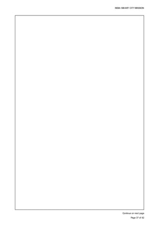 INDIA SMART CITY MISSION
Page 37 of 92
Continue on next page
v. Smart manholes with ultrasonic sensors integrated with the GSM modem to monitor
sewerage levels
vi. Central command system for distribution and monitoring
vii. Provision of adequate public toilets
viii. Smart solid waste management, comprising the segregation of solid waste at the
source into biodegradable and non-biodegradable (for households and public
places) waste via household and community bins with RFID tags; common refuge
chute for buildings; GPS and RFID reader-enabled door-to-door garbage collection
vehicles; transfer station for the composting of biodegradable waste and temporary
storage of non-biodegradable items to be transported to AMC.
ix. Formulation and enforcement of regulations, including penalty and incentive
structures for overuse of resources.
4. Rainwater harvesting
i. Layout for rainwater collection, comprising a piped network for the collection of
rooftop rainwater from individual buildings and directing it into ground water
recharge bores spread intermittently across the site;
ii. Around 200 ML of rainwater is estimated to be collected annually.
5. Smart metering
i. Installation of smart meters for potable water supply, recycled water and electricity.
ii. Control rooms for private operators.
iii. Formulation and enforcement of regulations, including penalty and incentive
structures for overuse of resources.
6. Robust IT connectivity and digitisation
i. Installations: Wi-Fi devices, routers, etc.
ii. Optical fibre networks
iii. GIS Mapping
7. Pedestrian-friendly pathways
i. Construction of a 3-m-wide pedestrian pathway on both sides of roads; plantations
along footways
ii. Earmarked junctions for crossing; traffic signalling with on-call facilities
iii. Pavement lighting
8. Encouragement of non-motorised transport
i. Construction of a 3-m-wide pedestrian pathway and a 3-m-wide cycle track on both
sides of roads
ii. Introduction of battery-operated cars
iii. Innovative bicycle path with crowning trees, comprising thousands of sparkling
stones, creating patterns that charge during the day and emit light in the evenings
9. Intelligent traffic management
i. Construction of four-lane roads with medians, zebra crossings; signalling for
crossings; roundabouts, etc.
10. Non-vehicle streets/zones
i. Identification and segregation of car-free zones
ii. Installation of automatic boom barriers to restrict vehicle movement
iii. Development of street malls with local craft and handicraft displays, promenades,
etc., which could double as tourist attractions
11. Smart parking
i. Basement/ Surface parking for commercial, public and semi-public vehicles
ii. Covered parking for residential use
iii. Smart parking system comprising sensors, overtime indicators, dynamic signage
and mobility applications, static signage, parking management software, etc.
 