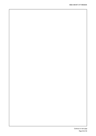 INDIA SMART CITY MISSION
Page 38 of 92
Continue on next page
12. Energy-efficient street lighting
i. LED street light poles
ii. Installation of solar panels on light poles
iii. Installation of environment sensors on light poles to detect existing pollution levels
iv. Light intensity detection sensors to detect the amount of illumination required on the
street and help save electricity through dimming of lights
v. Time-based automatic system to switch on/off individual or a group of street lights
vi. Central command system for monitoring and asset management
13. Innovative use of open space
i. Public open space is one of the most important components of any city or
neighbourhood. Hence, built form and streetscape treatments are proposed, with an
attractive, safe and comfortable pedestrian environment, while maintaining the
overall visual cohesiveness of the area. This is proposed to be achieved through a
variety of design responses, which include, but are not limited to, ground-level
facade treatments, architectural details, paving patterns, shade, seating, adequate
sidewalk width, etc.
ii. Development of a central plazas/ squares
iii. Development of a theme park and other open spaces, which will also act as
Tourism resource
14. Visible improvement in the area
i. Removal of utilities lines, cluttered overhead electricity lines; creating green open
spaces, landscaping, etc.
15. Safety of citizens, especially children, women and senior citizens
i. Installation of street lights
ii. Police station
iii. Introduction of helplines and mobile applications
iv. Integrated surveillance system for safety and security, such as CCTVs
v. Video analytics-enabled integrated command and control system
16.Development of 90% of the buildings to be energy efficient and green
i. Preparation of sustainable site designs
• Preservation of key environmental assets through a careful examination of each
site and other elements, such as a sun-path diagram, etc.
• Designing a process that minimises site disturbance, and which values, preserves
and restores/regenerates habitat, green space and associated ecosystems
ii. Introduction of water quality management and conservation practices
• Minimisation of unnecessary and inefficient use of potable water on the site, while
maximising the recycling and reuse of water, including harvested rainwater, storm
water, and grey water.
• Emphasis on the retention of storm water, on-site infiltration and ground water
recharge.
iii. Conservation of energy and the environment
• Minimisation of adverse impacts on the environment (air, water, land, natural
resources) through optimised site planning, building design, material selection and
aggressive use of energy conservation measures;
iv. Development of design elements for the maintenance of indoor environment quality
• Preparation of building designs with the best possible conditions in terms of
indoor air quality, ventilation, thermal comfort, access to natural ventilation and
day lighting.
v. Use of energy-efficient materials and resources
 