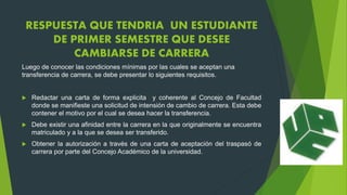 RESPUESTA QUE TENDRIA UN ESTUDIANTE 
DE PRIMER SEMESTRE QUE DESEE 
CAMBIARSE DE CARRERA 
Luego de conocer las condiciones mínimas por las cuales se aceptan una 
transferencia de carrera, se debe presentar lo siguientes requisitos. 
 Redactar una carta de forma explicita y coherente al Concejo de Facultad 
donde se manifieste una solicitud de intensión de cambio de carrera. Esta debe 
contener el motivo por el cual se desea hacer la transferencia. 
 Debe existir una afinidad entre la carrera en la que originalmente se encuentra 
matriculado y a la que se desea ser transferido. 
 Obtener la autorización a través de una carta de aceptación del traspasó de 
carrera por parte del Concejo Académico de la universidad. 
 
