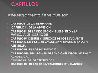 este reglamento tiene que son : 
 CAPITULO I :DE LOS ESTUDIANTES 
 CAPITULO II : DE LA ADMISION 
 CAPITULO III :DE LA INSCRIPCION, EL REGISTRO Y LA 
MATRICULA DE INSCRIPCION 
 CAPITULO IV :DEBERES Y DERECHOS DE LOS ESTUDIANTES 
 CAPITULO V:DEL REGIMEN ACADEMICO PROGRAMACION Y 
ASISTENCIA 
 CAPITULO VI : DE LOS INCENTIVOS21 
 CAPITULO VII : DEL REGIMEN DE SANCIONES DISCIPLINARIAS Y 
ACADEMICAS 
 CAPITULO VII : DE LOS CERTIFICADOS 
 CAPITULO IX : DE LAS ORGANIZACIONES ESTUDIANTILES 
 