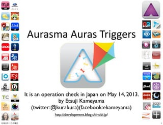 Aurasma	
  Auras	
  Triggers




              It is an operation check in Japan on May 10, 2013.
                              by Etsuji Kameyama
                  (twitter:@kurakura)(facebook:ekameyama)
                           http://development.blog.shinobi.jp/
13年3月11日月曜日                                                        1
 