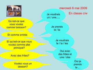 mardi 9 juin 2009 En classe c/w Qu’est-ce que vous voulez comme boisson? Je voudrais un / une ..... Et comme entrée Je prends le / la Et qu’est-ce que vous voulez comme plat principal? Je voudrais le / la / les Avec des frites? Oui avec des frites et une / des Voulez vous un dessert? Oui je prends la ... Je voudrais le / la / les 