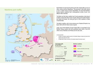 $ 
Data source Eurostat - 2012 
Km 
Boudaries ©MBR and EuroGeographics,©ESRI 
®AURH -2014/05 0 25 50 100 
Amsterdam 
North Range 
900 Mt 
Atlantic 
Coastline 
29,8 Mt 
Coastline of 
the British and Irish Isles 
500 Mt 
Paris 
London 
Dublin 
Brussels 
Luxembourg 
Shetland, Scotland Shetland 
Trafic total de marchandises 
par principaux ports* 
en milliers de tonnes, en 2012 Range Nord 
Façades maritimes 
400 000 
100 000 
50 000 
10 000 
1 000 
Façade des Îles Britanniques 
Façade Atlantique 
Façade maritime 
500 Mt Trafic total en millions de tonnes par 
façade maritime 
*sélection des ports ayant un trafic supérieur à 
1 million de tonnes 
Éléments de contexte 
Europe du Nord-Ouest 
Capitale 
Total freight traffic 
by main ports* 
per thousand tonnes, in 2012 North Range 
Maritime coastlines 
400,000 
100,000 
50,000 
10,000 
1,000 
Coastline of the British and Irish Isles 
Atlantic coastline 
Maritime coastline 
500 Mt Total trafic in millions of tonnes per 
maritime coastline 
*selection of ports with a freight traffic 
over 1,000 thousand tonnes 
Contextual information 
North-Western Europe 
Capital city 
Analytical atlas - Freight transport in North-Western Europe: regional dynamics, infrastructure and inter-regional exchanges - AURH - September 2014 13 
Maritime port traffic 
North-Western Europe has 65 maritime ports with a freight traffic of over one 
million tonnes (sources Weastflows). They generate a total traffic density 
of over 1.5 billion tonnes annually. Nevertheless, the three North-Western 
Europe maritime coastlines have a heterogeneous number of ports and 
different traffic intensities. 
The British and Irish Isles coastline has 43 ports generating a total amount 
of traffic of nearly 500 million tonnes of goods. Because the United Kingdom 
and Ireland are islands, the strong port grid on their coastlines is easily 
comprehensible. 
The Atlantic coastline, with its main entrance port of Nantes-St Nazaire, has 
lesser traffic with 29.8 million tonnes of goods. 
Lastly, most of North-Western Europe’s freight traffic is concentrated on the 
Northern Range coastline with ports generating heavy traffic of over 900 
million tonnes. Rotterdam and Antwerp are the main ports. 
It must be noted that : 
• All traffic on the Atlantic coastline as well as in the Northern Range is not taken into account here, 
because of the scope of our study. 
• All freight traffic is taken into account in this analysis whatever the product may be. 
 
