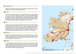! 
! 
! 
! 
! 
! 
" 
! 
Larne 
Galway 
Limerick 
Waterford 
Rosslare Harbour 
Londonderry 
Dublin 
Cork 
SShhaannnnoonn 
$0 10 20 40 
Km 
Data source powered by AURH & ©Voies Navigables de France; 
©European Commission, DG Move, TEN-Tec Information System; ©2012 National Geospatial Intelligence Agency 
©OpenStreetMap contributors, ODbl;Boudaries ©MBR and EuroGeographics,©ESRI 
Map data ©OpenStreetMap contributors, ODbl/ ®AURH -2014/05 
Key characteristics 
Located at the top of Western Europe, Ireland is characterised by population density and maritime 
traffic that are amongst the lowest in North-Western Europe. 
Networks 
The network of infrastructures is organised in a star shape from Dublin, the capital and largest city 
in the country. Only two types of transport are represented: road and railways. Network densities 
are amongst the weakest in North-Western Europe, approximately the same as in Scotland. 
Nevertheless, 42% of the road network is registered as a central European network which indicates 
that Ireland is well connected to the TEN-T network (only for this mode). The Irish railway network is 
poorly developed and the least electrified in North-Western Europe, with only 7.9%. 
Hubs 
Because it is an island, Ireland has a dense network of 18 maritime ports. Four of these ports have 
ferry connections; Three are registered in the TEN-T network and connected to the road network 
at a European level. However, only 1 of these ports is linked to the strategic railway network as 
identified by Europe. This is the Port of Dublin where the main railway terminal in this country is 
also located. Two ports have a channel that is over 15 m deep: Shannon and New Ross. This is a 
remarkable characteristic that Ireland shares only with the Southern part of the Netherlands. 
Weaknesses 
Ireland’s main shortcomings stem from the weakness of its road and railway networks. The railway 
network is poorly electrified and developed. There are discontinuities in the motorway network, 
in particular between Cork and Shannon and between Cork and Rosslare, showing a lack of 
connections between secondary urban centres. 
Strengths 
The proximity between ports and airports is the main strength in the Irish network as it facilitates 
connections between maritime and airport flows. This is the case in the ports of Dublin, Cork, and 
Shannon. These three ports have a European level. It must also be noted that container traffic 
could potentially be developed in the ports of Dublin, Waterford and Cork as well as short-distance 
maritime traffic, which would encourage modal changes. 
Analytical atlas - Freight transport in North-Western Europe: regional dynamics, infrastructure and inter-regional exchanges - AURH - September 2014 31 
 
