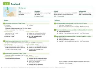 2.3 Scotland 
Identity card 
Area Demography Land use Maritime traffic 
77,395 km² corresponding to 5,159,128 inhabitants corresponding to 2,067 km² urbanised land corresponding to 3.3% of NWE 30,295 Mt corresponding to 
9.5% of NWE 2.9% of NWE 328 km² dedicated to industry corresponding to 2.2% of NWE maritime traffic 
67 inhabitants per km² 15.8% of urbanised land 
Nodes Network 
P ort nodes: 35 corresponding to 13.6% of NWE Inland waterways: 0 km corresponding to 0% of NWE and to 0 km for 1,000 km² 
35 seaports 9 ferry ports 0 % are CEMT Class V and over 
0 inland port 0 % are part of main European network (part of the ʺTEN-T coreʺ network) 
2 are major European ports (part of the ʺTEN-T coreʺ network) 
1 have a channel depth of over 51 feet (15m) Railway network: 2,216 km corresponding to 5.6% of NWE and to 28,6 km for 1,000 km² 
Level of intermodality Proximity to strategic networks 20 % are electrified networks 
0 port with more than 3 modes 3 ports are near the strategic road network 25 % are part of main European network (part of the ʺTEN-T coreʺ network) 
7 ports with 3 modes 4 ports are near the strategic rail network 
28 ports with 2 modes 0 port is near the strategic inland Road network: 1,042 km corresponding to 2.5% of NWE and to 13,4 km for 1,000 km² 
waterway network 39 % are motorways 
61 % are dual carriageways or freeways 
Railway terminals: 52 corresponding to 11.9% of NWE 33 % are part of main European network (part of the ʺTEN-T coreʺ network) 
0 railway bi-modal terminal is major European terminal (part of the ʺTEN-T coreʺ network) 
Level of intermodality Proximity to strategic networks 
45 with rail/road connection link to a seaport 3 terminals are near the strategic road network 
0 with rail/road connection link to an inland port 5 terminals are near the strategic rail network 
7 railway bi-modal (rail/road) terminal 0 terminal is near the strategic inland 
waterway network 
Airport nodes: 14 corresponding to 15.2% of NWE 
2 are major European airports (part of the ʺTEN-T coreʺ network) 
Level of intermodality Proximity to strategic networks 
0 airport with rail/road connections 3 airports are near the strategic road network 
3 airports are near the strategic rail network 
0 airport is near the strategic 
inland waterway network 
Sources : The Atlas of Major North-West European Freight Infrastructures 
(Weastflows, AURH processing) 
2 airports are near the maritime port 
34 Analytical atlas - Freight transport in North-Western Europe: regional dynamics, infrastructure and inter-regional exchanges - AURH - September 2014 
 