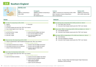 2.6 Southern England 
Identity card 
Area Demography Land use Maritime traffic 
9,623 km² corresponding to 4,527,877 inhabitants corresponding to 1,500 km² urbanised land corresponding to 2.4% of NWE 44,934 Mt corresponding to 
1.2% of NWE 2.6% of NWE 83 km² dedicated to industry corresponding to 3.3% of NWE maritime traffic 
471 inhabitants per km² 5.3% of urbanised land 
Nodes Network 
P ort nodes: 11 corresponding to 4.3% of NWE Inland waterways: 0 km corresponding to 0% of NWE and to 0 km for 1,000 km² 
11 seaports 8 ferry ports 0 % are CEMT Class V and over 
0 inland port 0 % are part of main European network (part of the ʺTEN-T coreʺ network) 
2 are major European ports (part of the ʺTEN-T coreʺ network) 
0 have a channel depth of over 51 feet (15m) Railway network: 794 km corresponding to 2.0% of NWE and to 82,4 km for 1,000 km² 
Level of intermodality Proximity to strategic networks 72 % are electrified networks 
0 port with more than 3 modes 3 ports are near the strategic road network 10 % are part of main European network (part of the ʺTEN-T coreʺ network) 
3 ports with 3 modes 1 port is near the strategic rail network 
8 ports with 2 modes 0 port is near the strategic inland Road network: 707 km corresponding to 1.7% of NWE and to 73,4 km for 1,000 km² 
waterway network 32 % are motorways 
68 % are dual carriageways or freeways 
Railway terminals: 10 corresponding to 2.3% of NWE 25 % are part of main European network (part of the ʺTEN-T coreʺ network) 
0 railway bi-modal terminal is major European terminal (part of the ʺTEN-T coreʺ network) 
Level of intermodality Proximity to strategic networks 
3 with rail/road connection link to a seaport 1 terminal is near the strategic road network 
0 with rail/road connection link to an inland port 1 terminal is near the strategic rail network 
1 railway bi-modal (rail/road) terminal 0 terminal is near the strategic inland 
waterway network 
Airport nodes: 3 corresponding to 3.3% of NWE 
1 is major European airport (part of the ʺTEN-T coreʺ network) 
Level of intermodality Proximity to strategic networks 
0 airport with rail/road connections 2 airports are near the strategic road network 
2 airports are near the strategic rail network 
0 airport is near the strategic 
inland waterway network 
Sources : The Atlas of Major North-West European Freight Infrastructures 
(Weastflows, AURH processing) 
1 airport is near the maritime port 
40 Analytical atlas - Freight transport in North-Western Europe: regional dynamics, infrastructure and inter-regional exchanges - AURH - September 2014 
 