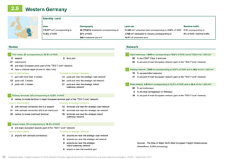 2.9 Western Germany 
Identity card 
Area Demography Land use Maritime traffic 
110,877 km² corresponding to 38,775,874 inhabitants corresponding to 11,949 km² urbanised land corresponding to 18.8% of NWE 0 Mt corresponding to 
13.6% of NWE 22% of NWE 1,745 km² dedicated to industry corresponding to 0% of NWE maritime traffic 
350 inhabitants per km² 14.6% of urbanised land 
Nodes Network 
P ort nodes: 27 corresponding to 10.5% of NWE Inland waterways: 1,948 km corresponding to 18.0% of NWE and to 17,5 km for 1,000 km² 
0 seaport 0 ferry port 80 % are CEMT Class V and over 
27 inland ports 90 % are part of main European network (part of the ʺTEN-T coreʺ network) 
10 are major European ports (part of the ʺTEN-T coreʺ network) 
0 have a channel depth of over 51 feet (15m) Railway network: 7,364 km corresponding to 18.7% of NWE and to 66,4 km for 1,000 km² 
Level of intermodality Proximity to strategic networks 70 % are electrified networks 
1 port with more than 3 modes 13 ports are near the strategic road network 37 % are part of main European network (part of the ʺTEN-T coreʺ network) 
23 ports with 3 modes 24 ports are near the strategic rail network 
3 ports with 2 modes 27 ports are near the strategic inland Road network: 5,814 km corresponding to 13.7% of NWE and to 52,4 km for 1,000 km² 
waterway network 98 % are motorways 
2 % are dual carriageways or freeways 
Railway terminals: 53 corresponding to 12.2% of NWE 39 % are part of main European network (part of the ʺTEN-T coreʺ network) 
0 railway bi-modal terminal is major European terminal (part of the ʺTEN-T coreʺ network) 
Level of intermodality Proximity to strategic networks 
0 with rail/road connection link to a seaport 14 terminals are near the strategic road network 
31 with rail/road connection link to an inland port 18 terminals are near the strategic rail network 
22 railway bi-modal (rail/road) terminal 16 terminals are near the strategic inland 
waterway network 
Airport nodes: 15 corresponding to 16.3% of NWE 
4 are major European airports (part of the ʺTEN-T coreʺ network) 
Level of intermodality Proximity to strategic networks 
2 airports with rail/road connections 10 airports are near the strategic road network 
8 airports are near the strategic rail network 
5 airports are near the strategic 
inland waterway network 
Sources : The Atlas of Major North-West European Freight Infrastructures 
(Weastflows, AURH processing) 
0 airport is near the maritime port 
46 Analytical atlas - Freight transport in North-Western Europe: regional dynamics, infrastructure and inter-regional exchanges - AURH - September 2014 
 