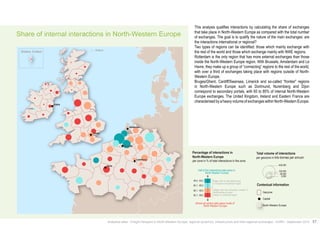 Share of internal interactions in North-Western Europe 
Paris 
Amsterdam 
This analysis qualifies interactions by calculating the share of exchanges 
that take place in North-Western Europe as compared with the total number 
of exchanges. The goal is to qualify the nature of the main exchanges: are 
the interactions international or regional? 
Two types of regions can be identified: those which mainly exchange with 
the rest of the world and those which exchange mainly with NWE regions. 
Rotterdam is the only region that has more external exchanges than those 
inside the North-Western Europe region. With Brussels, Amsterdam and Le 
Havre, they make up a group of “connecting” regions to the rest of the world, 
with over a third of exchanges taking place with regions outside of North- 
Western Europe. 
Bruges/Ghent, Cardiff/Swansea, Limerick and so-called “frontier” regions 
in North-Western Europe such as Dortmund, Nuremberg and Dijon 
correspond to secondary portals, with 65 to 80% of internal North-Western 
Europe exchanges. The United Kingdom, Ireland and Eastern France are 
characterised by a heavy volume of exchanges within North-Western Europe. 
100,000 
50,000 
Half of the interactions take place in 
North-Western Europe 
Region with an international port 
or European transhipment region 
Region with few interactions outside of 
North-Western Europe 
Insular or continental region 
Geozone 
Capital 
Analytical atlas - Freight transport in North-Western Europe: regional dynamics, infrastructure and inter-regional exchanges - AURH - September 2014 57 
London 
Dublin 
Brussels 
Luxemburg 
Shetland, Scotland Shetland 
Total volume of interactions 
per geozone in kilo-tonnes per annum 
400,000 
5,000 
Percentage of interactions in 
North-Western Europe 
Contextual information 
49,4 - 65,0 
65,1 - 80,0 
80,1 - 90,0 
90,1 - 99,9 
Almost all actions take place inside of 
North-Western Europe 
North-Western Europe 
per zone in % of total interactions in the zone 
Pourcentage des interactions ayant lieu 
 