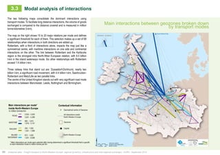 Main interactions between geozones broken down 
3.3 
The two following maps consolidate the dominant interactions using 
transport modes. To facilitate long distance interactions, the volume of goods 
exchanged is compared to the distance covered and is measured in million 
tonne-kilometres (t-km). 
The map on the right shows 15 to 20 major relations per mode and defines 
a significant threshold for each of them. This selection makes up a set of 68 
relationships when interactions in both directions are added up. 
Rotterdam, with a third of interactions alone, impacts the map just like a 
symmetrical centre, with maritime interactions on one side and continental 
interactions on the other. The link between Rotterdam and the Karlsruhe 
region is the strongest intra North-West European relation, with 8.5 billion 
t-km in the inland waterways mode. Six other relationships with Rotterdam 
exceed 1.4 billion t-km. 
Three railway links that stand out are: Dusseldorf-Dortmund, nearly two 
billion t-km, a significant road movement, with 4.4 billion t-km, Saarbrucken- 
Rotterdam and Metz/Lille as two parallel links. 
The centre of the United Kingdom stands out with very significant road mode 
interactions between Manchester, Leeds, Nottingham and Birmingham. 
Main interactions per mode* 
inside North-Western Europe 
in million tonnes-km 
2,053 - 3,500 
3,501 - 4,389 
985 - 1,815 
1,816 - 3,141 
Contextual information 
Geometrical centre of Geozone 
All interactions inside 
North-Western Europe 
Geozone 
Capital 
North-Western Europe 
ROAD 
MARITIME 
RAILWAY 
INLAND 
WATERWAY 
60 Analytical atlas - Freight transport in North-Western Europe: regional dynamics, infrastructure and inter-regional exchanges - AURH - September 2014 
by transport modes 
Modal analysis of interactions 
300 - 1 000 
1,001 - 1,996 
872 - 1,500 
1,501 - 8,586 
* Main interactions per mode were selected after having determined a significant threshold that is specific 
to each interaction mode in million tonnes per km 
 