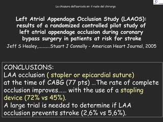 Left Atrial Appendage Occlusion Study (LAAOS):
results of a randomized controlled pilot study of
left atrial appendage occlusion during coronary
bypass surgery in patients at risk for stroke
Jeff S Healey,……….Stuart J Connolly - American Heart Journal, 2005
CONCLUSIONS:
LAA occlusion ( stapler or epicardial suture)
at the time of CABG (77 pts) …The rate of complete
occlusion improves…… with the use of a stapling
device (72% vs 45%).
A large trial is needed to determine if LAA
occlusion prevents stroke (2,6% vs 5,6%).
La chiusura dell’auricola sn: il ruolo del chirurgo
 