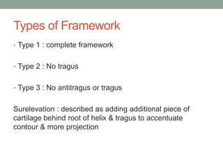 Types of Framework
• Type 1 : complete framework
• Type 2 : No tragus
• Type 3 : No antitragus or tragus
Surelevation : described as adding additional piece of
cartilage behind root of helix & tragus to accentuate
contour & more projection
 