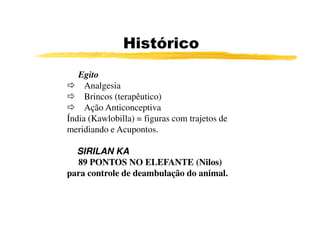 Histórico
   Egito
     Analgesia
     Brincos (terapêutico)
     Ação Anticonceptiva
Índia (Kawlobilla) = figuras com trajetos de
meridiando e Acupontos.
5
   SIRILAN KA
   89 PONTOS NO ELEFANTE (Nilos)
para controle de deambulação do animal.
 