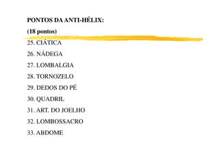 PONTOS DA ANTI-HÉLIX:
          ANTI-
(18 pontos)
25. CIÁTICA
26. NÁDEGA
27. LOMBALGIA
28. TORNOZELO
29. DEDOS DO PÉ
30. QUADRIL
31. ART. DO JOELHO
32. LOMBOSSACRO
33. ABDOME
 