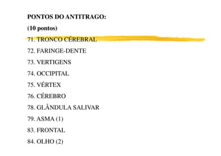 PONTOS DO ANTITRAGO:
(10 pontos)
71. TRONCO CÉREBRAL
72. FARINGE-DENTE
73. VERTIGENS
74. OCCIPITAL
75. VÉRTEX
76. CÉREBRO
78. GLÂNDULA SALIVAR
79. ASMA (1)
83. FRONTAL
84. OLHO (2)
 