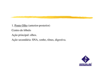 1. Ponto Olho (anterior-posterior)
Centro do lóbulo
Ação principal: olhos.Ação principal: olhos.
Ação secundária: SNA, sonho, tônus, digestiva.
 