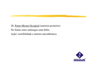 28. Ponto Mestre Occipital (anterior-posterior)
No limite entre antitragus-ante-hélix.
Ação: sensibilidade e motora mesodérmica.Ação: sensibilidade e motora mesodérmica.
 