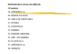 PONTOS DO CANAL DA HÉLIX:PONTOS DO CANAL DA HÉLIX:
(11 pontos)(11 pontos)
48. APÊNDICE (1)
49. DEDOS DA MÃO
50. ÁREA DE URTICÁRIA
51. PUNHO
52. COTOVELO52. COTOVELO
53. OMBRO
54. PAREDE ABDOME
55. ART. DO OMBRO
56. CLAVÍCULA
57. APÊNDICE (2)
58. NEFRITE
 