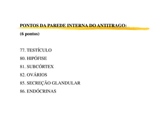 PONTOS DA PAREDE INTERNA DO ANTITRAGO:PONTOS DA PAREDE INTERNA DO ANTITRAGO:
(6 pontos)(6 pontos)
77. TESTÍCULO
80. HIPÓFISE80. HIPÓFISE
81. SUBCÓRTEX
82. OVÁRIOS
85. SECREÇÃO GLANDULAR
86. ENDÓCRINAS
 
