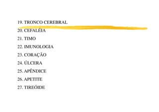 19. TRONCO CEREBRAL
20. CEFALÉIA
21. TIMO
22. IMUNOLOGIA
23. CORAÇÃO23. CORAÇÃO
24. ÚLCERA
25. APÊNDICE
26. APETITE
27. TIREÓIDE
 