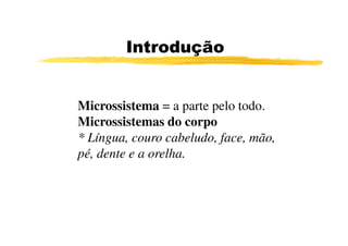 Microssistema = a parte pelo todo.
Microssistemas do corpo
Introdução
Microssistemas do corpo
* Língua, couro cabeludo, face, mão,
pé, dente e a orelha.
 