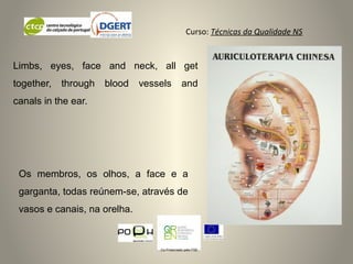 Curso: Técnicas da Qualidade NS
Co-Financiado pelo FSE
Os membros, os olhos, a face e a
garganta, todas reúnem-se, através de
vasos e canais, na orelha.
Limbs, eyes, face and neck, all get
together, through blood vessels and
canals in the ear.
 
