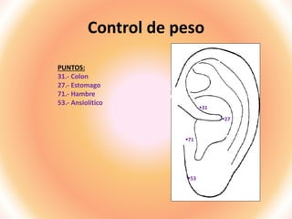 Control de peso
PUNTOS:
31.- Colon
27.- Estomago
71.- Hambre
53.- Ansiolítico
31
71
27
53
 