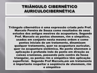 Triângulo cibernético é uma expressão criada pelo Prof. Marcelo Pereira de Souza como resultados de seus estudos dos antigos mestres da acupuntura. Segundo Prof. Marcelo os pontos shenmen, rim e simpático, usados em conjunto nesta mesma ordem e como pontos iniciais de um tratamento, dinamizam qualquer tratamento, quer na acupuntura auricular, quer na acupuntura sistêmica. No ponto shenmem a aplicação é profunda indo do ponto em direção as caixas cranianas, passando pelo centro da fossa triangular, os pontos rim e simpático têm aplicação superficial.  Segundo Prof Marcelo,em um tratamento é importante respeitar a seqüência de shenmem, rim e simpático . 