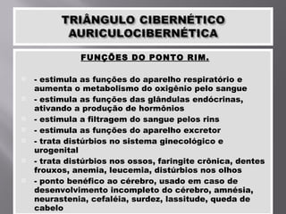 FUNÇÕES DO PONTO RIM. - estimula as funções do aparelho respiratório e aumenta o metabolismo do oxigênio pelo sangue - estimula as funções das glândulas endócrinas, ativando a produção de hormônios - estimula a filtragem do sangue pelos rins - estimula as funções do aparelho excretor - trata distúrbios no sistema ginecológico e urogenital - trata distúrbios nos ossos, faringite crônica, dentes frouxos, anemia, leucemia, distúrbios nos olhos - ponto benéfico ao cérebro, usado em caso de desenvolvimento incompleto do cérebro, amnésia, neurastenia, cefaléia, surdez, lassitude, queda de cabelo 