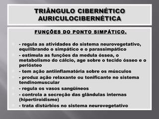 FUNÇÕES DO PONTO SIMPÁTICO. - regula as atividades do sistema neurovegetativo, equilibrando o simpático e o parassimpático - estimula as funções da medula óssea, o metabolismo do cálcio, age sobre o tecido ósseo e o periósteo - tem ação antiinflamatória sobre os músculos - produz ação relaxante ou tonificante no sistema tendinomuscular - regula os vasos sangüíneos - controla a secreção das glândulas internas (hipertiroidismo) - trata distúrbios no sistema neurovegetativo 
