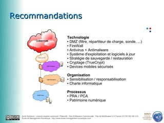Recommandations

                                                       Technologie
                                                       ● DMZ (filtre, répartiteur de charge, sonde, ...)

                                                       ● FireWall

                                                       ● Antivirus + Antimalware

                                                       ● Système d'exploitation et logiciels à jour

                                                       ● Stratégie de sauvegarde / restauration

                                                       ● Cryptage (TrueCrypt)

                                                       ● Devices mobiles sécurisés




                                                       Organisation
                                                       ● Sensibilisation / responsabilisation

                                                       ● Charte informatique




                                                       Processus
                                                       ● PRA / PCA

                                                       ● Patrimoine numérique




                                                                                                                                               emn
  Auris Solutions - Licence creative commons / Paternité - Pas d'Utilisation Commerciale - Pas de Modification 2.0 France (CC BY-NC-ND 2.0)     École de
                                                                                                                                              Management
  École de Management Numérique : http://www.ecole-management-numerique.com/                                                                   Numérique
 