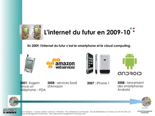 L'internet du futur en 2009-10
En 2009, l'internet du futur c'est le smartphone et le cloud computing.

2008 : services SaaS
2001: Sagem
d'Amazon
lance un
téléphone – PDA

2007 : iPhone 1

2008 : lancement
des smartphones
Androïd

Auris Solutions - Licence creative commons / Paternité - Pas d'Utilisation Commerciale - Pas de Modification 2.0 France (CC BY-NC-ND 2.0)
École de Management Numérique : http://www.ecole-management-numerique.com/

 