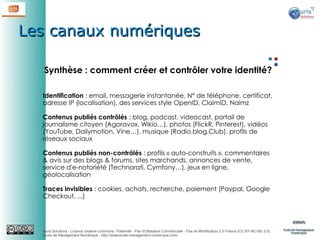 Les canaux numériques
Synthèse : comment créer et contrôler votre identité?
Identification : email, messagerie instantanée, N° de téléphone, certificat,
adresse IP (localisation), des services style OpenID, ClaimID, Naimz
Contenus publiés contrôlés : blog, podcast, videocast, portail de
journalisme citoyen (Agoravox, Wikio…), photos (FlickR, Pinterest), vidéos
(YouTube, Dailymotion, Vine…), musique (Radio.blog.Club), profils de
réseaux sociaux
Contenus publiés non-contrôlés : profils « auto-construits », commentaires
& avis sur des blogs & forums, sites marchands, annonces de vente,
service d'e-notoriété (Technorati, Cymfony…), jeux en ligne,
géolocalisation
Traces invisibles : cookies, achats, recherche, paiement (Paypal, Google
Checkout, ...)

Auris Solutions - Licence creative commons / Paternité - Pas d'Utilisation Commerciale - Pas de Modification 2.0 France (CC BY-NC-ND 2.0)
École de Management Numérique : http://www.ecole-management-numerique.com/

 