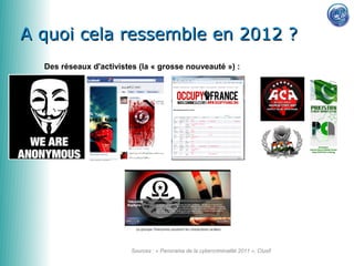 A quoi cela ressemble en 2012 ?
  Des réseaux d'activistes (la « grosse nouveauté ») :




                         Sources : « Panorama de la cybercriminalité 2011 », Clusif
 