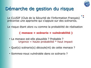0650856622


Démarche de gestion du risque
Le CLUSIF (Club de la Sécurité de l'Information Français)
préconise une approche qui s'appuie sur des scénarios.

Le risque étant alors vu comme la probabilité de réalisation

          { menace + scénario + vulnérabilité }

 ●
     La menace est-elle plausible ? Probable ?
          Urgence = haute probabilité * haut impact

 ●
     Quel(s) scénario(s) découle(nt) de cette menace ?

 ●
     Sommes-nous vulnérable dans ce scénario ?
 