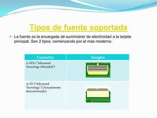 Tipos de fuente soportada
 La fuente es la encargada de suministrar de electricidad a la tarjeta
  principal. Son 2 tipos, comenzando por el mas moderno.



                Conector                       Imagen
         1) ATX ("Advanced
         Tecnology eXtended")




         2) AT ("Advanced
         Tecnology") (Actualmente
         descontinuado)
 
