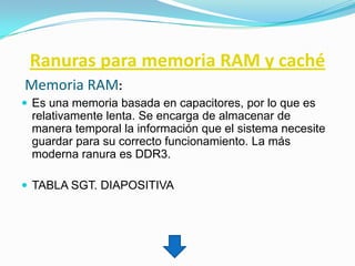 Ranuras para memoria RAM y caché
Memoria RAM:
 Es una memoria basada en capacitores, por lo que es
 relativamente lenta. Se encarga de almacenar de
 manera temporal la información que el sistema necesite
 guardar para su correcto funcionamiento. La más
 moderna ranura es DDR3.

 TABLA SGT. DIAPOSITIVA
 