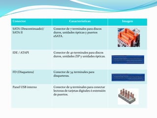 Conector                            Características                  Imagen

SATA (Descontinuado)/   Conector de 7 terminales para discos
SATA II                 duros, unidades ópticas y puertos
                        eSATA.




IDE / ATAPI             Conector de 40 terminales para discos
                        duros, unidades ZIP y unidades ópticas.




FD (Disquetera)         Conector de 34 terminales para
                        disqueteras.


Panel USB interno       Conector de 9 terminales para conectar
                        lectoras de tarjetas digitales ó extensión
                        de puertos.
 