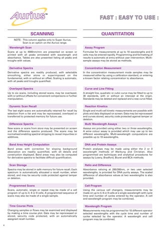 SIX SCREEN WIDTH VIE

                                                                                    FAST : EASY TO USE :
                                                                                     AST

                                                                                    FAST PROGRAM ANY A
                        SCANNING                                                     QUANTITATION
         NOTE: This column applies only to Super Aurius.
               Scan is an option on the Aurius range.                               FOR MORE POWER - PE
     Wavelength Scan                                                  Assay Program
    Scans at up to 4000nm/min are presented on screen or             Formulae for measurements at up to 10 wavelengths and 8
    printed with all peaks annotated with wavelength and
    absorbance. Tables are also presented listing all peaks and
                                                                                    FAST DATA TRANSFER
                                                                     cells may be entered rapidly. Programming and formatting of
                                                                     results is automatic at entry without user intervention. Multi-
    troughs with values.                                             sample assays may be stored as methods.


     Derivative Spectra                                                             PERFORMANCE VALIDA
                                                                      Concentration Measurement
    Derivative spectra are readily produced, with selectable         In the concentration measurement mode samples may be
    smoothing, either alone or superimposed on the                   measured either by using a calibration standard, or entering
    fundamental, with or without an offset. Scaling is automatic,
    with all peaks and troughs quantified.
                                                                                    UNIVERSAL ACCESSOR
                                                                     a known factor relating concentration to absorbance.



     Overlayed Spectra                                                Curve and Line Fitting
    Up to six scans, including stored scans, may be overlayed,       A straight line, quadratic or cubic curve may be fitted to up to
    with or without offsets for convenient comparisons or further    30 standards, with or without an intercept at the origin.
    manipulation.                                                    Standards may be deleted and replaced and a new curve fitted.


     Dynamic Scan Recall                                              Reaction Kinetics
    The last eight scans are automatically retained for recall by    Single and multi-cell kinetic measurements are possible with
    selection from a list and may be reprocessed, overlayed or       plots and data displayed on screen. Data may be reprocessed
    transferred to protected memory for future use.                  and curves stored, security code protected against tamper or
                                                                     deletion.
     Difference Spectra                                               Multi Wavelength Assays
    New scans or scans from store may be presented on screen         Assays are provided using either two or three wavelengths.
    and the difference spectra produced. The scans may be            A wine colour assay is provided which may use up to ten
    normalised enabling spectral stripping to reveal impurities or   different wavelengths. Multi-wavelength computations are
    additives.                                                       possible up to 10 wavelengths.


     Band Area Height Computation                                     DNA and Protein Assays
    Band areas with correction for sloping background                Protein analyses may be made using either the 2 or 3
    absorption are readily quantified, with all details and          wavelength methods of Warburg and Christian. Also
    construction displayed. Band areas may also be computed          programmed are techniques and analytical procedures for
    for derivative spectra to facilitate difficult quantification.   assays by Lowry, Bradford, Biuret and BCA methods.


     Scan Storage                                                     Ratio and Difference
    Spectra may be stored in safe memory for future recall. Each     Absorbance ratioing at 280/260nm, or two user selected
    spectrum is automatically allocated a recall number, when        wavelengths, is provided for DNA purity assays. The scaled
    stored, and may be security code protected against tamper        difference of absorbance values at two wavelengths is also
    or deletion.                                                     provided.


     Programmed Scans                                                 Cell Program
    Scans, automatic, single or repeat may be made of a cell         Using the various cell changers, measurements may be
    program of up to 4, 6 or 8 cells. A programmed sequence of       made on up to 4, 6 or 8 cells at a single wavelength with cycle
    scans may also be made of a single sample.                       time and number of cycles entered by the operator. A cell
                                                                     and wavelength program may be combined.


     Time Course Plots                                                Wavelength Program
    Changing samples or flows may be examined and displayed          Measurements may be programmed for 10 different operator
    by making a time course plot. Data may be reprocessed or         selected wavelengths with the cycle time and number of
    stored, security code protected, with an automatically           cycles selected by the operator. A wavelength and cell
    assigned recall number.                                          program may be combined.

4
 