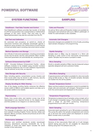VIEWING

: POWERFUL SOFTW
           SOFTWARE

 ASSAY
                  SYSTEM FUNCTIONS                                                          SAMPLING
PERFORMANCE
      DataStream - Fast Data Transfer and Control                       Cells and Flowcells

R TO PC                                            urius
     Cecil DataStream software provides fast transfer of all data
     to a PC for incorporation into a spread sheet or mathematical
     package of the users choice. Fast and easy to use.
                                                                       As well as 10mm cells and flowcells, holders are available for
                                                                       rectangular and cylindrical cells up to 100mm pathlength. A
                                                                       holder for solid samples is also available.
     Spectrophotometers may also be controled from the PC.

DATION :and Calibration
    Self Test GLP                                                       Automatic Cell Changers
     An automatic test procedure, at switch-on, checks all             Automatic changers are available for 4, 6 or 8 cells, providing
     instrument functions and calibrates wavelength against a          rapid sample changing or full programming.
ORY RANGE
     deuterium lamp emission line. Performance is confirmed by
     a timed and dated report including instrument serial number.


      Method Operation and Storage                                      Sipette Sampling
     Up to 30 sets of instrument parameters, including concentration   Samples down to 300µL may be measured in a 10mm cell.
     curves may be stored, security code protected. When recalled,     Sampling is under control of the instruments microprocessor
     instrument parameters are automatically set, avoiding errors.     system. Samples may be saved or pumped to waste.


      Software Enhancement by E-SEF                                     Micro Sampling
     E-SEF - Encoded Software Enhancement Facility - allows            Small or valuable samples of 50µL may be measured using a
     software modules to be enabled using encoded numbers              specially designed cell and a precision holder.
     provided by telephone, fax or E-mail. Software requirements
     may be tailored, at any time, as required.


      Data Storage with Security                                        Ultra-Micro Sampling
     Data, including spectra, concentration curves, kinetics and       A special precision cell holder is available for ultra-microcells
     time course plots may be stored in safe memory, security          using as little as 5µL or 10µL of valuable samples. Samples
     code protected against tamper or deletion.                        are loaded into the cell by pipette.


      Display Scrolling for Wide Viewing                                Sample Temperature Control
     Use of the display scrolling facility enhances the effective      Water and thermoelectric temperature control is available for
     screen width to 550mm and enables spectra and data up to          single cells and automatic cell changers. Temperature is set
     six screen widths to be viewed.                                   from the control panel and displayed on the screen.



      Reprocessing                                                      Temperature Programming
     Scans, time course plots, and reaction curves may all be          Temperature programming of samples using a single cell or
     reprocessed to any required format on the display screen          4 cell changer is possible using a Thermoelectric controller
     and then plotted on an integral or an external printer.           with a range of -10˚-110˚C producing temperature
                                                                       programmes at up to 30˚C per minute.


      Multi-Language Operation                                          Batch Sampling
     The language of operation may be chosen by the operator           Automatic batch sampling for up to 100 samples is available.
     from several including: English, French, German, Italian and      The pump fits within the sample compartment and volume
     Spanish. Menus, prompts, results and printouts are all in the     etc is set from the control panel and displayed on screen.
     chosen language.                                                  Batch number entry is provided.


      Performance Validation                                            Dissolution Testing
     Software     and certified standards enable wavelength            Versions of the instruments fitted with an 8 cell changer,
     accuracy,    absorbance accuracy, bandwidth etc. to be            special piping port and lid, are available for dissolution
     validated.   A timed and dated report includes the serial         testing using Cecil TD software and a PC.
     number of    the instrument.

                                                                                                                                           5
 