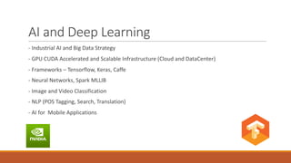 AI	and	Deep	Learning
- Industrial	AI	and	Big	Data	Strategy	
- GPU	CUDA	Accelerated	and	Scalable	Infrastructure	(Cloud	and	DataCenter)
- Frameworks	– Tensorflow,	Keras,	Caffe
- Neural	Networks,	Spark	MLLIB
- Image	and	Video	Classification
- NLP	(POS	Tagging,	Search,	Translation)
- AI	for		Mobile	Applications
 