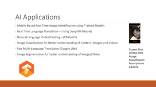 AI	Applications	
- Mobile	Based	Real	Time	Image	Identification	using	Trained	Models
- Real	Time	Language	Translation	– Using	Deep	NN	Models
- Natural	Language	Understanding	– (Chabot's)
- Image	Classification	for	Better	Understanding	of	Content,	Images	and	Videos
- Fast	Multi-Language	Translation	(Google	Like)
- Image	Segmentation	for	better	understanding	of	Images/Video
- Video	Analytics
Screen	Shot	
of	Real	time	
Image	
Classification	
from	Iphone
Camera
 
