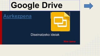 Google Drive
Aurkezpena
Diseinatzeko ideiak
Nire izena
 