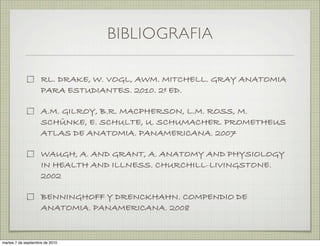 BIBLIOGRAFIA

                     RL. DRAKE, W. VOGL, AWM. MITCHELL. GRAY ANATOMIA
                     PARA ESTUDIANTES. 2010. 2º ED.

                     A.M. GILROY, B.R. MACPHERSON, L.M. ROSS, M.
                     SCHÜNKE, E. SCHULTE, U. SCHUMACHER. PROMETHEUS
                     ATLAS DE ANATOMIA. PANAMERICANA. 2007

                     WAUGH, A. AND GRANT, A. ANATOMY AND PHYSIOLOGY
                     IN HEALTH AND ILLNESS. CHURCHILL-LIVINGSTONE.
                     2002

                     BENNINGHOFF Y DRENCKHAHN. COMPENDIO DE
                     ANATOMIA. PANAMERICANA. 2008


martes 7 de septiembre de 2010
 