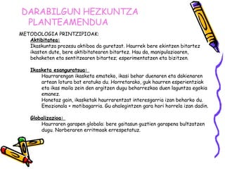 DARABILGUN HEZKUNTZA
 PLANTEAMENDUA
METODOLOGIA PRINTZIPIOAK:
   Aktibitatea:
   Ikaskuntza prozesu aktiboa da guretzat. Haurrek bere ekintzen bitartez
   ikasten dute, bere aktibitatearen bitartez. Hau da, manipulazioaren,
   behaketen eta sentitzearen bitartez; esperimentatzen eta bizitzen.

    Ikasketa esanguratsua:
        Haurrarengan ikasketa emateko, ikasi behar duenaren eta dakienaren
        artean lotura bat eratuko du. Horretarako, guk haurren esperientziak
        eta ikas maila zein den argitzen dugu beharrezkoa duen laguntza egokia
        emanez.
        Honetaz gain, ikasketak haurrarentzat interesgarria izan beharko du.
        Emozionala + motibagarria. Gu ahalegintzen gara hori horrela izan dadin.

    Globalizazioa:
        Haurraren garapen globala: bere gaitasun guztien garapena bultzatzen
        dugu. Norberaren erritmoak errespetatuz.
 