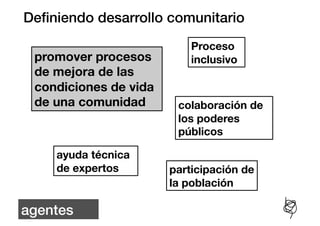 Deﬁniendo desarrollo comunitario!
                            Proceso
  promover procesos         inclusivo
  de mejora de las
  condiciones de vida
  de una comunidad 
     colaboración de
                         los poderes
                         públicos

     ayuda técnica
     de expertos 
      participación de
                        la población

agentes!
 