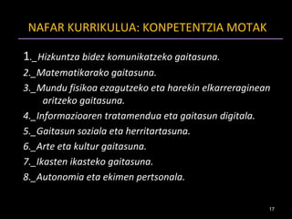 NAFAR KURRIKULUA: KONPETENTZIA MOTAK 1 ._Hizkuntza bidez komunikatzeko gaitasuna. 2._Matematikarako gaitasuna. 3._Mundu fisikoa ezagutzeko eta harekin elkarreraginean aritzeko gaitasuna. 4._Informazioaren tratamendua eta gaitasun digitala. 5._Gaitasun soziala eta herritartasuna. 6._Arte eta kultur gaitasuna. 7._Ikasten ikasteko gaitasuna. 8._Autonomia eta ekimen pertsonala. 